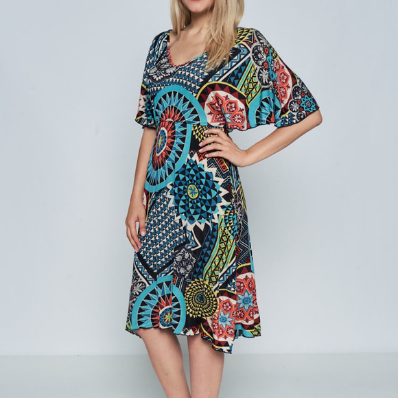 Dresses & Skirts - 1/2SLEEVE V-NECK ELASTIC WAIST DRESS